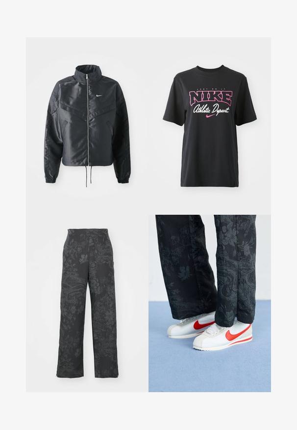Melna apgriezta jaka ar augstu apkakli, rāvējslēdzēja aizdari, elastīna aprocēm un baltu Nike logo. Gluda, spīdīga auduma ar nedaudz teksturētu virsmu.; Melnas kokvilnas T-krekls ar rozā un baltu grafisko printu, kurā ir teksts "TIKAI DARĪT", "NIKE" un "Sporta nodaļa". Standarta piegriezums.; Melni bikses ar teksturētu florālu rakstu nedaudz tumšākā nokrāsā. Taisnu kāju dizains ar vidēju jostasvietu un bez redzamiem piederumiem.; Baltas Nike sporta apavi ar sarkanām akcentiem, savienoti ar melniem biksēm, kurām ir ziedu raksts. Virsma ir gluda ar plakanu pinumu zoli.