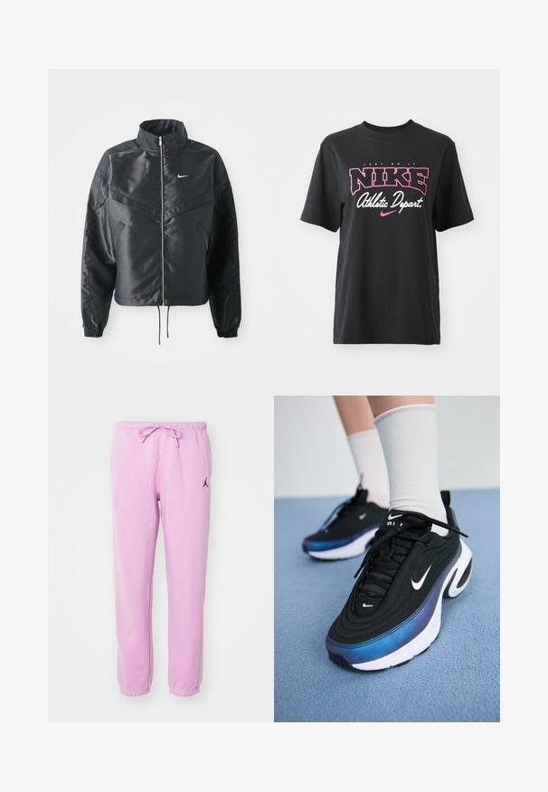 Zwarte cropped jack met hoge kraag, ritsluiting, elastische manchetten en een wit Nike-logo. Glad, glanzend materiaal met een licht gestructureerd oppervlak.; Zwarte katoenen T-shirt met een grafische print in roze en wit met de tekst "JUST DO IT," "NIKE," en "Athletic Depart." Standaard pasvorm.; Lichtroze sweatpants gemaakt van zacht materiaal, met een elastische tailleband met trekkoord en een klein zwart logo op de linker bovenbeen.; Zwarte Nike sneakers met een glad bovenwerk van stof, voorzien van een verloop van blauw naar zwart, witte zool en opvallende logo-accenten.