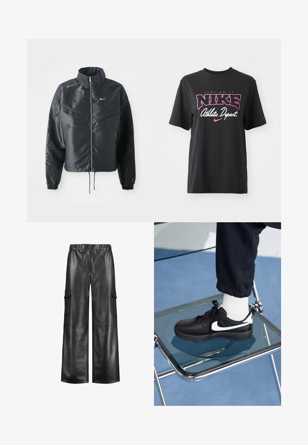 Schwarze, verkürzte Jacke mit hohem Kragen, Reißverschluss, Elastan-Ärmeln und einem weißen Nike-Logo. Glattes, glänzendes Material mit leicht strukturiertem Oberflächeneffekt.; Schwarzes Baumwoll-T-Shirt mit einem grafischen Druck in Pink und Weiß, mit dem Text "JUST DO IT", "NIKE" und "Athletic Depart." Standardpassform.; Samoon Cargohose - black; Schwarze Nike-Sneaker mit weißen Akzenten, die über eine glatte Ledertextur, ein Schnürdesign und eine abgerundete Zehenform verfügen, platziert auf einem Glasstuhl.
