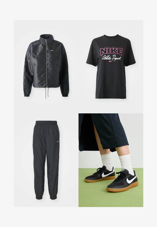 Casaco preto curto com colarinho alto, fecho de zip, punhos em elastano e um logótipo Nike branco. Tecido suave e brilhante com uma superfície ligeiramente texturizada.; T-shirt de algodão preto com impressão gráfica em rosa e branco com o texto "FAÇA ACONTECER", "NIKE" e "Departamento Atlético". Corte standard.; Calças de treino Nike pretas, feitas de um tecido leve, com um cós e punhos elásticos, apresentando um pequeno logótipo branco na perna esquerda.; Sapatilhas pretas em couro e sintético com o logo da Nike em branco, sola de borracha tipo goma, bico redondo e atacadores pretos. Meias brancas com frunces visíveis.