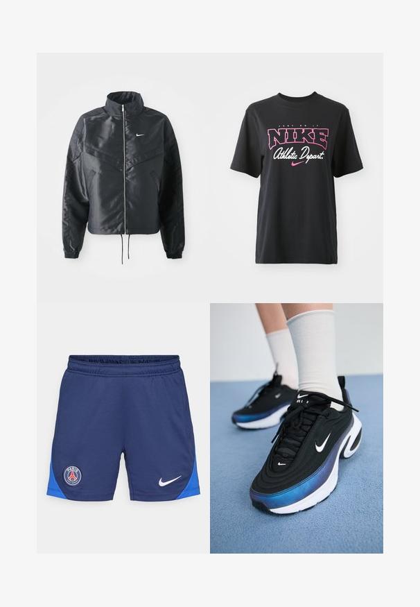 Must kolledžiga must lühike jope, millel on lukuga sulgus, elastne mansett ja valge Nike logo. Sile, läikiv kangas, millel on veidi tekstureeritud pind.; Must musta T-särk musta värviga, millel on roosa ja valge graafiline print tekstiga "JUST DO IT", "NIKE" ja "Athletic Depart." Tavaline lõige.; Tumed sinised sportlikud lühikesed püksid, millel on elastne vöökoht, sinine külgpaneel, valge Nike logo ning ümmargune PSG logo vasakul reiel.; Mustad mustad Nike tossud, millel on sujuv kangaste ülemine osa ja gradientne sinine-must disain, valge tallaga ja silmatorkavate logode aktsentidega.