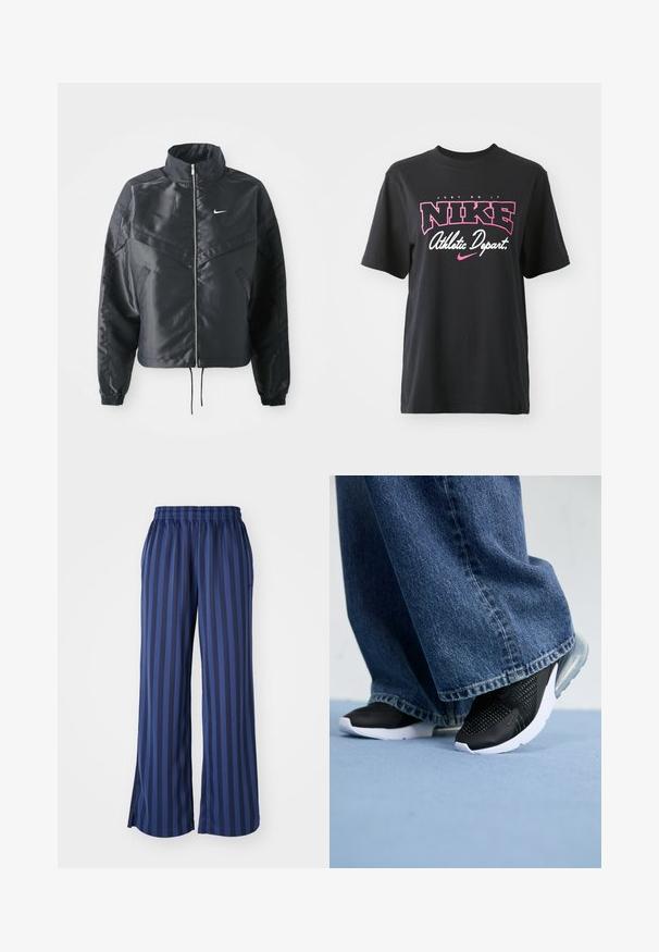 Casaco preto curto com colarinho alto, fecho de zip, punhos em elastano e um logótipo Nike branco. Tecido suave e brilhante com uma superfície ligeiramente texturizada.; T-shirt de algodão preto com impressão gráfica em rosa e branco com o texto "FAÇA ACONTECER", "NIKE" e "Departamento Atlético". Corte standard.; Calças largas feitas de um tecido suave e elástico, com riscas azul-escuras. A cinta é elástica, com rachas na barra para facilitar o movimento.; Sapatilhas desportivas pretas com detalhes em malha, sola branca e amortecimento visível, combinadas com jeans de perna larga em denim azul.