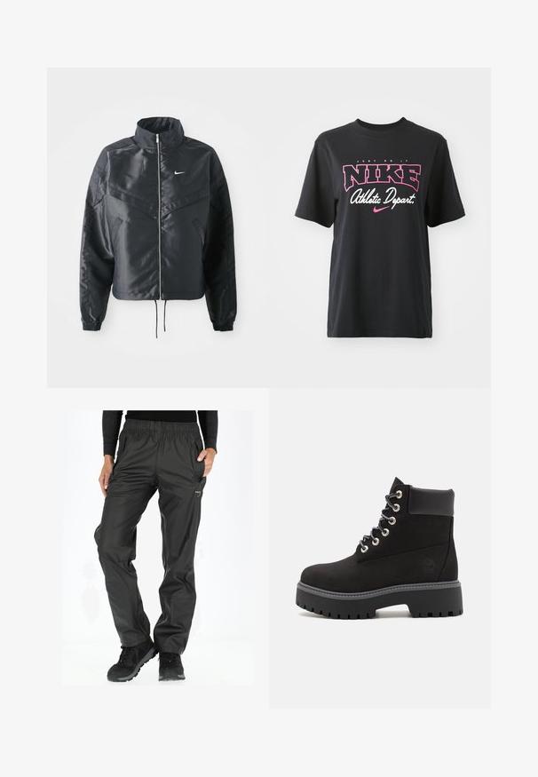 Mustat lyhyet takit, joissa on korkea kaulus, vetoketjukiinnitys, elastaanista valmistetut hihan suut ja valkoinen Nike-logo. Sileä, kiiltävä kangas, jossa on hieman tekstuuria.; Musta puuvillainen T-paita, jossa on ruusupinkki ja valkoinen graafinen printti. Tekstit "JUST DO IT", "NIKE" ja "Athletic Depart." Normaalimittainen.; Mustat vedenpitävät housut, joissa on joustava vyötärö, sivutaskut ja sileä pinta, suunniteltu ulkoiluintoihin.; Mustat mokkanahkaiset nilkkasaappaat, joissa on paksu платформая pohja, hopeiset niitit ja erottuvat harmaat nauhat; sisältää pehmustetun kauluksen ja logoyksityiskohdan.