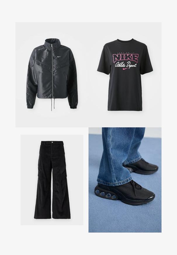 Casaco preto curto com colarinho alto, fecho de zip, punhos em elastano e um logótipo Nike branco. Tecido suave e brilhante com uma superfície ligeiramente texturizada.; T-shirt de algodão preto com impressão gráfica em rosa e branco com o texto "FAÇA ACONTECER", "NIKE" e "Departamento Atlético". Corte standard.; Calças cargo de veludo cotelê pretas com um design de perna larga, apresentando nervuras verticais texturizadas, bolsos laterais e um fecho de botão na cintura.; Ténis atléticos pretos com parte superior em malha, detalhes texturizados e almofadas de amortecimento de ar visíveis na sola. Usados com uns jeans de ganga azuis.
