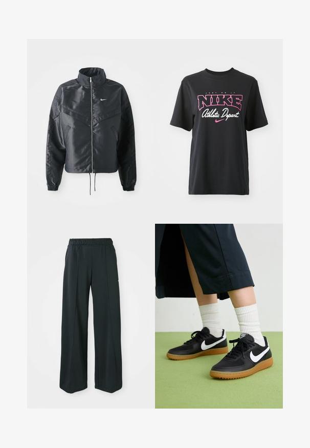 Casaco preto curto com colarinho alto, fecho de zip, punhos em elastano e um logótipo Nike branco. Tecido suave e brilhante com uma superfície ligeiramente texturizada.; T-shirt de algodão preto com impressão gráfica em rosa e branco com o texto "FAÇA ACONTECER", "NIKE" e "Departamento Atlético". Corte standard.; Calças atléticas largas e pretas com um cós elástico. Feitas de um tecido liso e elástico, com costuras frontais discretas e sem bolsos.; Sapatilhas pretas em couro e sintético com o logo da Nike em branco, sola de borracha tipo goma, bico redondo e atacadores pretos. Meias brancas com frunces visíveis.