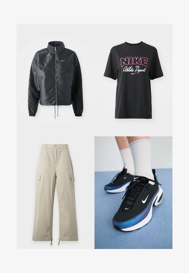 Svart cropped jakke med høy krage, glidelåsåpning, elastiske mansjetter og en hvit Nike-logo. Glatt, shiny stoff med en lett teksturert overflate.; Svart bomulls T-skjorte med grafisk trykk i rosa og hvitt med teksten "JUST DO IT," "NIKE," og "Athletic Depart." Standard passform.; Lysebeige cargo-bukser med avslappet passform, featuring knappelukking, sidelommer og justerbar hem med snorer. Slitesterk tekstur.; Sorte Nike joggesko med en glatt stoffoverdel, med et gradientdesign fra blått til svart, hvit såle og fremtredende logoaksenter.