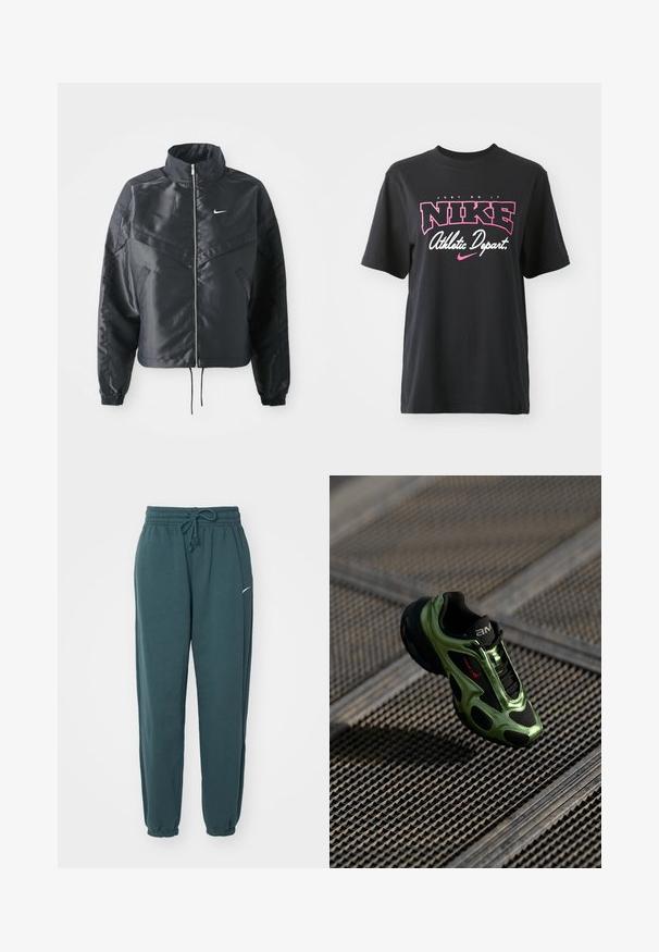 Črna skrajšana jakna z visokim ovratnikom, zadrgo, elastan rokavi in belim logotipom Nike. Gladek, sijoč material z rahlo teksturirano površino.; Črna bombažna majica s kratkimi rokavi, ki vključuje grafični potisk v roza in beli barvi ter besedilo "JUST DO IT," "NIKE," in "Athletic Depart." Standardna prileganje.; Turkizne trenirke z elastičnim pasom, nastavljivim vrvico in manšetami na gležnjih. Ima majhen bel logo na levi strani.; Nike Air Max športni čevelj ima eleganten črno-zelena dizajn, zračno mrežico in gumijaste materiale, s prepoznavno silhueto in strukturiranimi detajli.