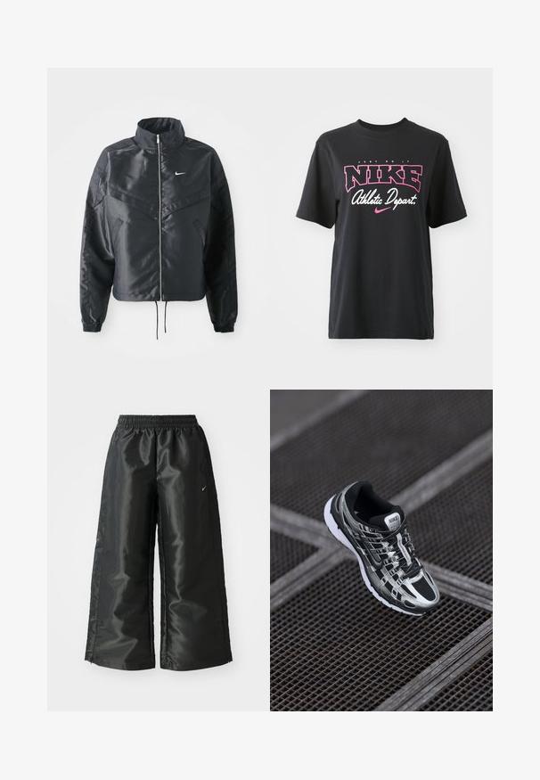 Melna apgriezta jaka ar augstu apkakli, rāvējslēdzēja aizdari, elastīna aprocēm un baltu Nike logo. Gluda, spīdīga auduma ar nedaudz teksturētu virsmu.; Melnas kokvilnas T-krekls ar rozā un baltu grafisko printu, kurā ir teksts "TIKAI DARĪT", "NIKE" un "Sporta nodaļa". Standarta piegriezums.; Melnas sporta bikses ar spīdīgu, gludu audumu, aprīkotas ar elastīgu jostu, platām kājām un mazu logotipu kreisajā pusē.; Nike skriešanas apavi ar melnas un sudraba krāsas shēmu, acs augšdaļu, teksturētu zoli un saistes sistēmu drošai piegulšanai.