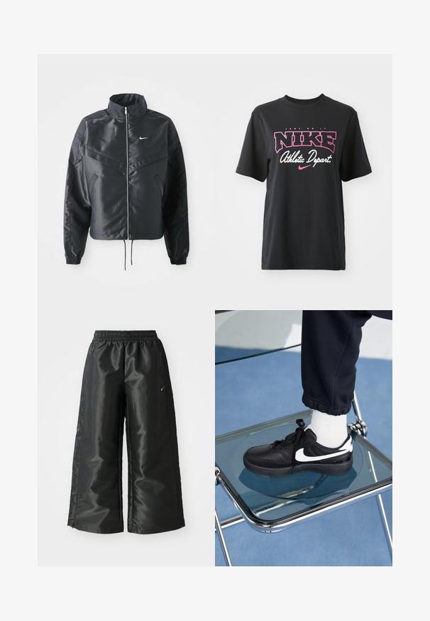Czarna krótka kurtka z wysokim kołnierzem, zamek błyskawiczny, ściągacze z elastanu i białe logo Nike. Gładki, błyszczący materiał o lekko teksturowanej powierzchni.; Czarna bawełniana koszulka z grafiką w różowym i białym kolorze z napisem "JUST DO IT", "NIKE" oraz "Athletic Depart". Standardowy krój.; Czarne spodnie sportowe z błyszczącego, gładkiego materiału, z elastycznym paskiem w talii, szerokimi nogawkami i małym logo po lewej stronie.; Czarne sneakersy Nike z białymi akcentami, charakteryzujące się gładką skórzaną teksturą, zawiązywaną konstrukcją i zaokrąglonym noskiem, umieszczone na szklanym krześle.