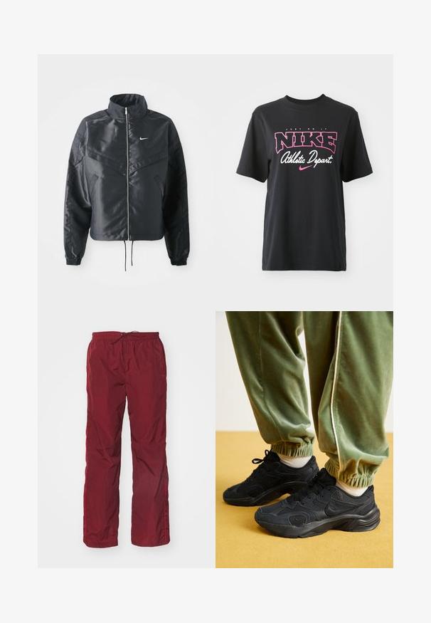Casaco preto curto com colarinho alto, fecho de zip, punhos em elastano e um logótipo Nike branco. Tecido suave e brilhante com uma superfície ligeiramente texturizada.; T-shirt de algodão preto com impressão gráfica em rosa e branco com o texto "FAÇA ACONTECER", "NIKE" e "Departamento Atlético". Corte standard.; Calças externas leves e vermelhas com uma cintura elástica e cordão ajustável. Apresentam detalhes de riscas laterais e um corte solto e reto.; Tênis esportivos pretos com sobreposições em malha e sintético, sola texturizada, emparelhados com calças de moletom verdes com punhos elásticos, sobre uma superfície amarela.