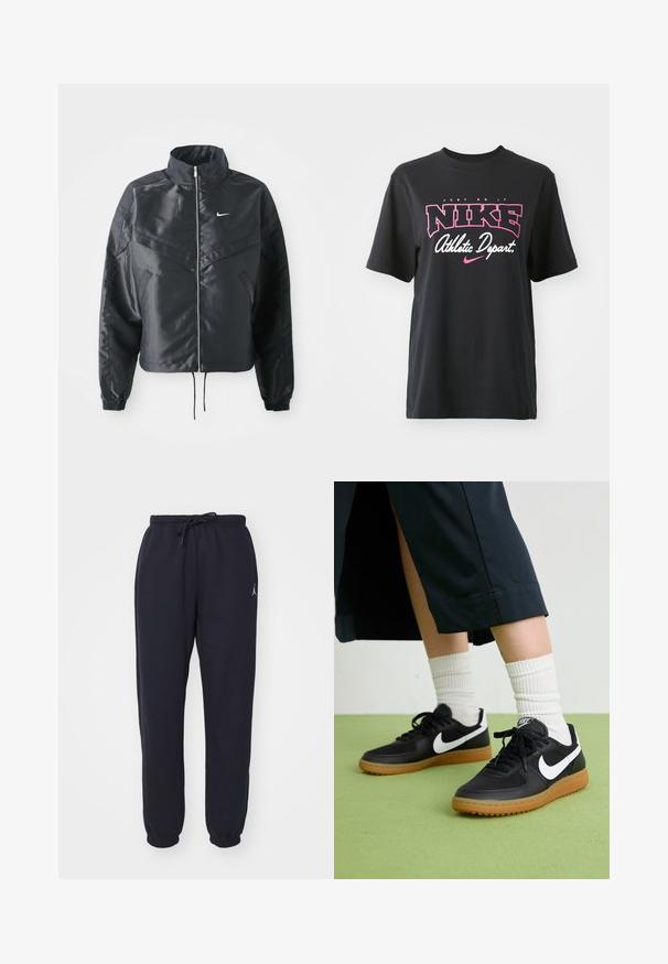 Melna apgriezta jaka ar augstu apkakli, rāvējslēdzēja aizdari, elastīna aprocēm un baltu Nike logo. Gluda, spīdīga auduma ar nedaudz teksturētu virsmu.; Melnas kokvilnas T-krekls ar rozā un baltu grafisko printu, kurā ir teksts "TIKAI DARĪT", "NIKE" un "Sporta nodaļa". Standarta piegriezums.; Jūras spēku jogger bikses, kas izgatavotas no mīkstas auduma, ar elastīgu jostu ar aukliņu, šauriem svārkiem un mazu baltu logotipu priekšā.; Melna āda un sintētiska materiāla sporta apavi ar baltu Nike logo, gumijas zole, apaļa purngala forma un melni šņores. Redzamas ribotas baltas zeķes.