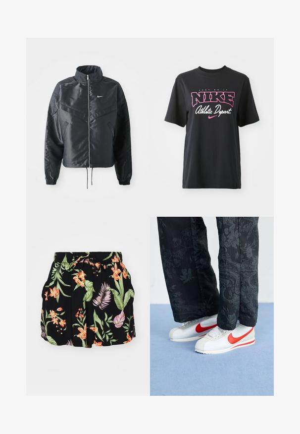 Svart cropped jakke med høy krage, glidelåsåpning, elastiske mansjetter og en hvit Nike-logo. Glatt, shiny stoff med en lett teksturert overflate.; Svart bomulls T-skjorte med grafisk trykk i rosa og hvitt med teksten "JUST DO IT," "NIKE," og "Athletic Depart." Standard passform.; Sorte shorts med et fargerikt blomsterdesign med oransje og grønne elementer, elastisk midjebånd med snøring, og sidelommer.; Hvit Nike-sneakers med røde detaljer, kombinert med svarte bukser med blomstermønster. Teksturen er glatt med en flat flette-såle.