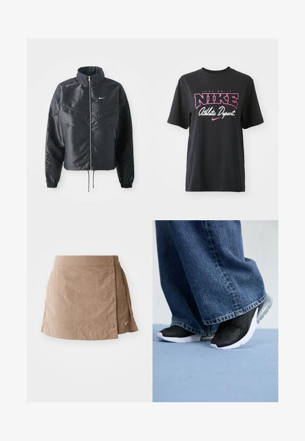 Svart cropped jakke med høy krage, glidelåsåpning, elastiske mansjetter og en hvit Nike-logo. Glatt, shiny stoff med en lett teksturert overflate.; Svart bomulls T-skjorte med grafisk trykk i rosa og hvitt med teksten "JUST DO IT," "NIKE," og "Athletic Depart." Standard passform.; Lys brun skjørt med en glatt tekstur, med en omslagsdesign, knappeakenter på siden, og en liten logo nær hemmen.; Svarte joggesko med mesh-detaljer, hvit såle og synlig luftputing, kombinert med blå denim vide jeans.