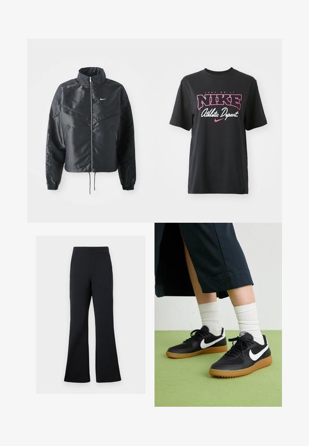 Casaco preto curto com colarinho alto, fecho de zip, punhos em elastano e um logótipo Nike branco. Tecido suave e brilhante com uma superfície ligeiramente texturizada.; T-shirt de algodão preto com impressão gráfica em rosa e branco com o texto "FAÇA ACONTECER", "NIKE" e "Departamento Atlético". Corte standard.; Calças pretas com corte flare, confeccionadas em tecido suave, com uma cinta elástica e um discreto detalhe de bolso lateral, apresentando uma textura lisa e um design minimalista.; Sapatilhas pretas em couro e sintético com o logo da Nike em branco, sola de borracha tipo goma, bico redondo e atacadores pretos. Meias brancas com frunces visíveis.