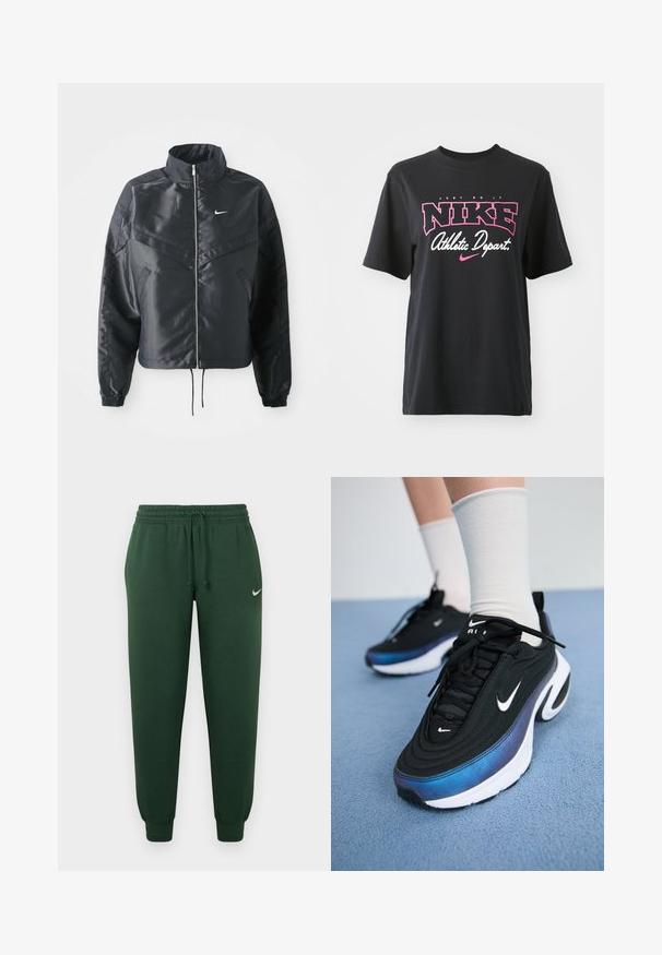 Black cropped jacket with high collar, zip closure, elastane cuffs, and a white Nike logo. Smooth, shiny fabric with a slightly textured surface.; Black cotton T-shirt featuring a graphic print in pink and white with the text "JUST DO IT," "NIKE," and "Athletic Depart." Standard fit.; Green sweatpants with an elastic waistband, drawstring, and cuffed ankles. Features a small white logo on the upper left leg.; Black Nike sneakers with a smooth fabric upper, featuring a gradient blue-to-black design, white sole, and prominent logo accents.