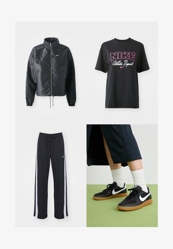 Zwarte cropped jack met hoge kraag, ritsluiting, elastische manchetten en een wit Nike-logo. Glad, glanzend materiaal met een licht gestructureerd oppervlak.; Zwarte katoenen T-shirt met een grafische print in roze en wit met de tekst "JUST DO IT," "NIKE," en "Athletic Depart." Standaard pasvorm.; Zwarte sportbroek met een relaxte pasvorm, voorzien van witte zijstrepen en een trekkoord in de taille. Inclusief een klein logo aan de voorkant.; Zwarte leren en synthetische sneakers met witte Nike swoosh, rubberen gumzool, ronde neus en zwarte veters. Geribbelde witte sokken zichtbaar.