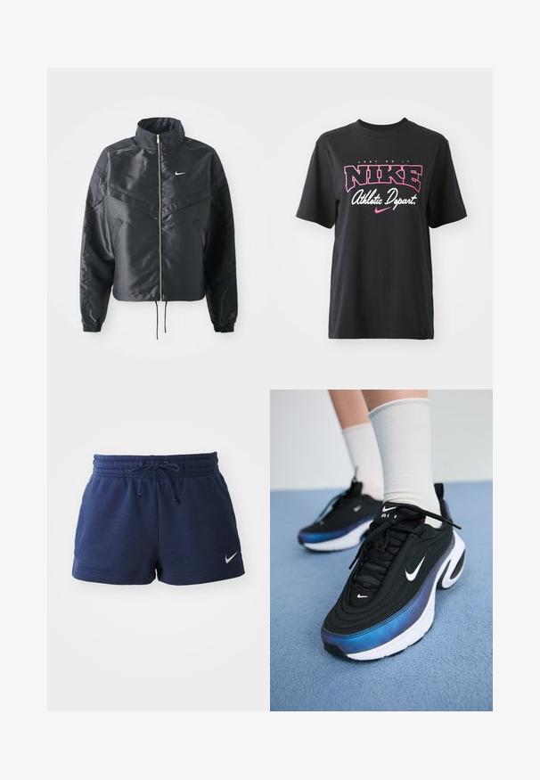 Črna skrajšana jakna z visokim ovratnikom, zadrgo, elastan rokavi in belim logotipom Nike. Gladek, sijoč material z rahlo teksturirano površino.; Črna bombažna majica s kratkimi rokavi, ki vključuje grafični potisk v roza in beli barvi ter besedilo "JUST DO IT," "NIKE," in "Athletic Depart." Standardna prileganje.; Temno modri bombažni šortsi z elastičnim pasom, nastavljivo vrvico in stranskimi rezi. Imajo majhen bel Nike logotip na robu.; Črne Nike športne copate z gladkim zgornjim delom iz tkanine, ki imajo gradientni dizajn od modre do črne, belo podplat in izrazite logotipne akcenta.
