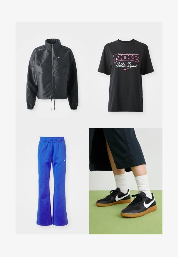 Črna skrajšana jakna z visokim ovratnikom, zadrgo, elastan rokavi in belim logotipom Nike. Gladek, sijoč material z rahlo teksturirano površino.; Črna bombažna majica s kratkimi rokavi, ki vključuje grafični potisk v roza in beli barvi ter besedilo "JUST DO IT," "NIKE," in "Athletic Depart." Standardna prileganje.; Razširjene športne hlače v svetlo modri barvi, z elastičnim pasom, dvema stranskima žepoma in majhnim belim logotipom spredaj.; Črne usnjene in sintetične superge z belim Nike swooshom, gumo na podplatu, okroglo konico ter črnimi vezalkami. Vidne so rebraste bele nogavice.