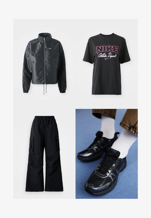 Svart kort jacka med hög krage, dragkedja, ärmslut i elastan och en vit Nike-logotyp. Slät, glänsande tyg med en något strukturerad yta.; Svart bomulls-T-shirt med ett grafiskt tryck i rosa och vitt med texten "JUST DO IT", "NIKE" och "Athletic Depart." Standard passform.; Svarta cargobyxor med vida ben, elastisk midja, justerbar dragsko och två sidofickor. Tillverkad av mjukt, lätt material.; Svarta Nike sportskor med en mesh-överdela och glansiga detaljer, svarta snörningar och en texturerad sula. Matchas med vita ribbade strumpor.