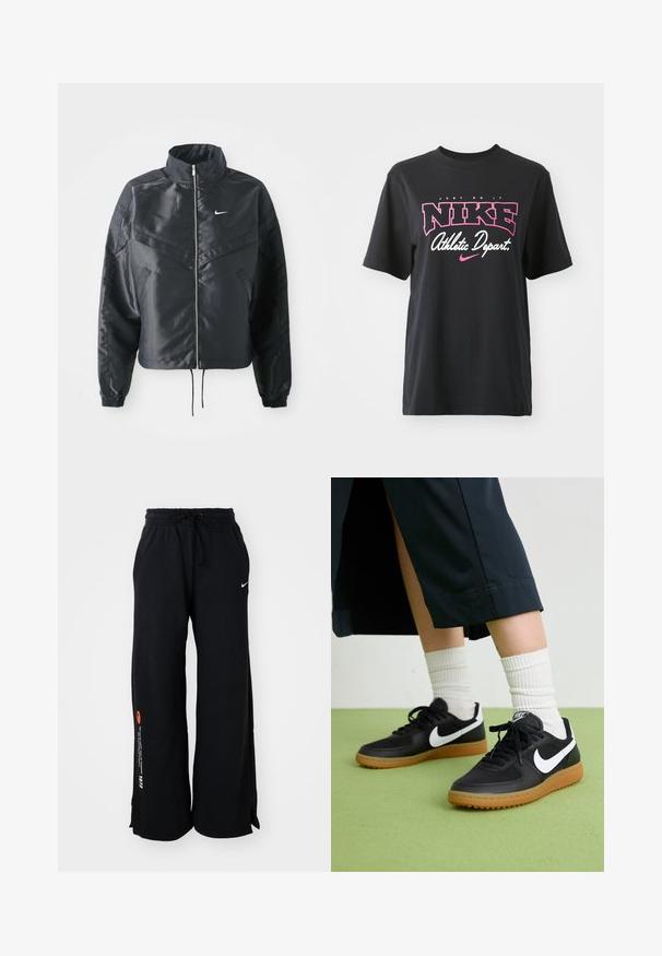 Casaco preto curto com colarinho alto, fecho de zip, punhos em elastano e um logótipo Nike branco. Tecido suave e brilhante com uma superfície ligeiramente texturizada.; T-shirt de algodão preto com impressão gráfica em rosa e branco com o texto "FAÇA ACONTECER", "NIKE" e "Departamento Atlético". Corte standard.; Calças de fato pretas feitas de algodão, com um cós elástico ajustável, fendas laterais na bainha e texto em laranja e branco em contraste numa das pernas.; Sapatilhas pretas em couro e sintético com o logo da Nike em branco, sola de borracha tipo goma, bico redondo e atacadores pretos. Meias brancas com frunces visíveis.