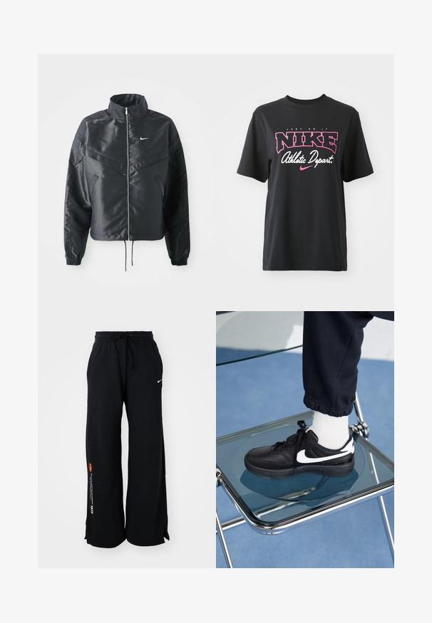 Zwarte cropped jack met hoge kraag, ritsluiting, elastische manchetten en een wit Nike-logo. Glad, glanzend materiaal met een licht gestructureerd oppervlak.; Zwarte katoenen T-shirt met een grafische print in roze en wit met de tekst "JUST DO IT," "NIKE," en "Athletic Depart." Standaard pasvorm.; Zwarte joggingsbroek van katoen, met een trekkoord in de taille, zijsplitten aan de onderkant en contrasterende oranje en witte tekst op één been.; Zwarte Nike sneakers met witte accenten, met een gladde leren textuur, vetersluiting en ronde neus, geplaatst op een glazen stoel.
