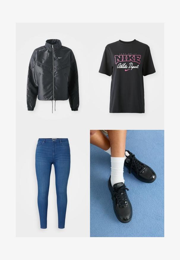 Fekete, rövidített dzseki magas gallérral, cipzáras záródással, elasztikus mandzsettákkal, és fehér Nike logóval. Simább, fényes anyag, enyhén textúrázott felülettel.; Fekete pamut póló, rózsaszín és fehér grafikai nyomattal, rajta a "JUST DO IT", "NIKE" és "Athletic Depart" feliratokkal. Szabványos fazon.; Középmagas derekú, kék farmer skinny farmerek ötsz zsebes dizájnnal és enyhe kopással. Klasszikus varrás és fém gomb részlet.; Fekete Nike sportcipők textúrázott felsőrésszel, fényes részletekkel és kerek fűzőkkel rendelkeznek. Ezek fehér bordázott zoknikkal vannak párosítva egy világos kék felületen.
