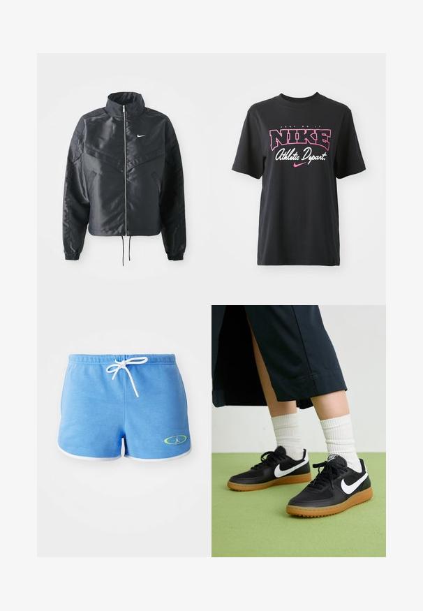 Zwarte cropped jack met hoge kraag, ritsluiting, elastische manchetten en een wit Nike-logo. Glad, glanzend materiaal met een licht gestructureerd oppervlak.; Zwarte katoenen T-shirt met een grafische print in roze en wit met de tekst "JUST DO IT," "NIKE," en "Athletic Depart." Standaard pasvorm.; Lichtblauwe katoenen shorts met een witte trekkoord, voorzien van witte afwerking en een groen accent logo aan de linkerbenedenkant.; Zwarte leren en synthetische sneakers met witte Nike swoosh, rubberen gumzool, ronde neus en zwarte veters. Geribbelde witte sokken zichtbaar.