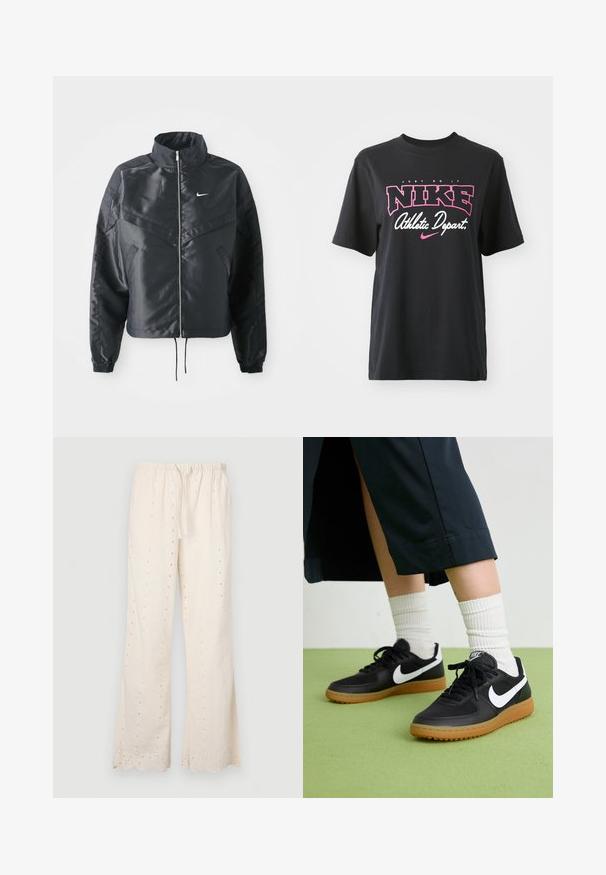 Veste noire courte avec col haut, fermeture éclair, poignets en élasthanne et logo Nike blanc. Tissu lisse et brillant avec une surface légèrement texturée.; T-shirt en coton noir avec un imprimé graphique en rose et blanc portant les textes "JUST DO IT", "NIKE" et "Athletic Depart." Coupe standard.; Pantalons de couleur crème, amples, avec une taille élastique, un cordon de serrage et des détails en œillets le long du tissu et de l'ourlet. Bords en dents de scie.; Baskets noires en cuir et synthétique avec le swoosh blanc de Nike, semelle en caoutchouc, bout rond et lacets noirs. Chaussettes blanches côtelées visibles.