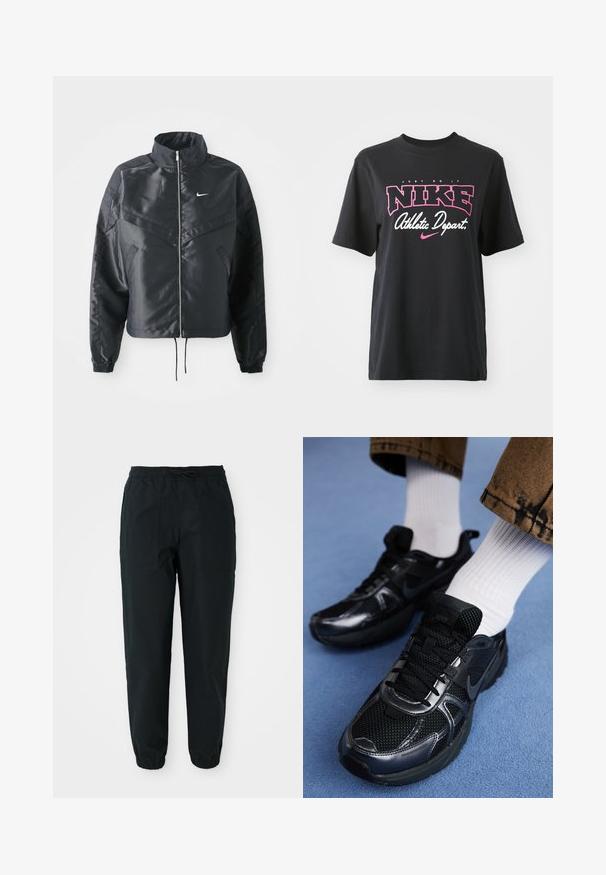 Zwarte cropped jack met hoge kraag, ritsluiting, elastische manchetten en een wit Nike-logo. Glad, glanzend materiaal met een licht gestructureerd oppervlak.; Zwarte katoenen T-shirt met een grafische print in roze en wit met de tekst "JUST DO IT," "NIKE," en "Athletic Depart." Standaard pasvorm.; Zwarte tapered broeken gemaakt van een fijne stof, met een elastische tailleband, trekkoord en zijzakken. Elastische boorden bij de enkels.; Zwarte Nike sportschoenen met een mesh bovenkant en glanzende accenten, zwarte veters en een gestructureerde zool. In combinatie met witte geribde sokken.