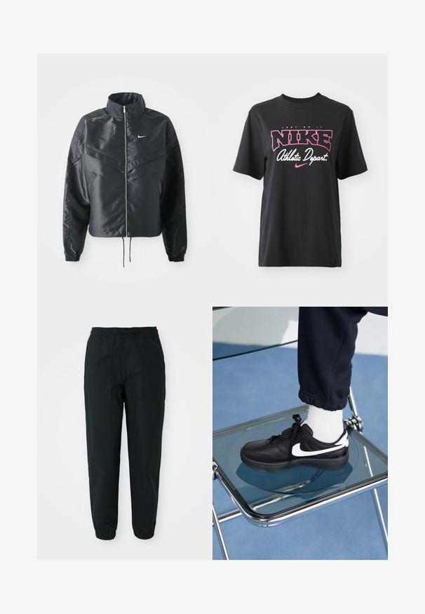 Svart kort jacka med hög krage, dragkedja, ärmslut i elastan och en vit Nike-logotyp. Slät, glänsande tyg med en något strukturerad yta.; Svart bomulls-T-shirt med ett grafiskt tryck i rosa och vitt med texten "JUST DO IT", "NIKE" och "Athletic Depart." Standard passform.; Svarta smala byxor i ett mjukt tyg, med resårmidja, dragsko och sidofickor. Elastiska muddar vid anklarna.; Svarta Nike-sneakers med vita detaljer, med en slät läderstruktur, snörningsdesign och rund tå, placerade på en glasstol.