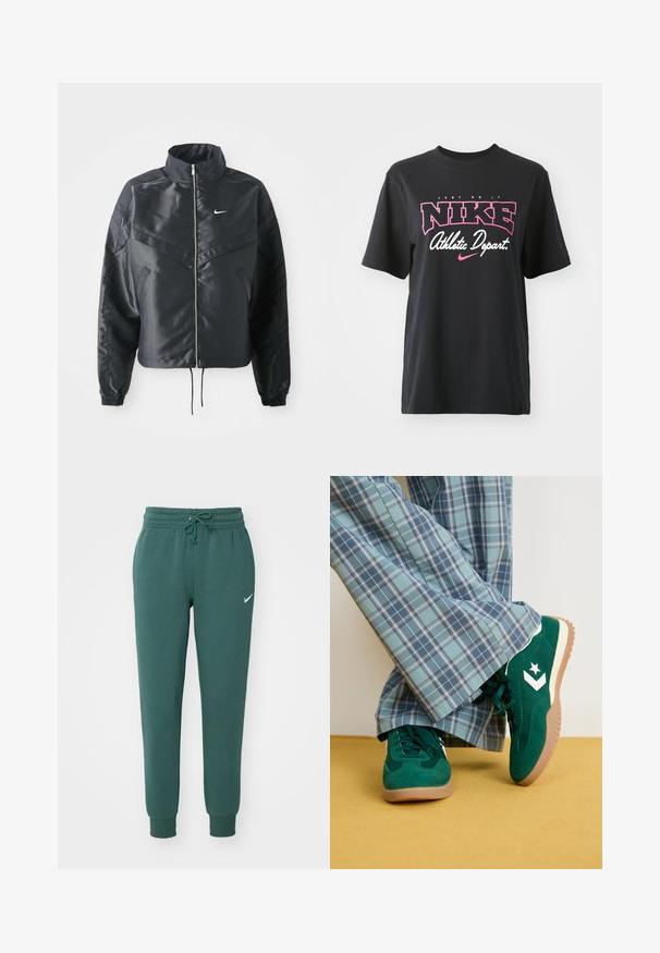 Casaco preto curto com colarinho alto, fecho de zip, punhos em elastano e um logótipo Nike branco. Tecido suave e brilhante com uma superfície ligeiramente texturizada.; T-shirt de algodão preto com impressão gráfica em rosa e branco com o texto "FAÇA ACONTECER", "NIKE" e "Departamento Atlético". Corte standard.; Nike Sportswear PANT - Calças de fato de treino - vintage green/sail; Tenis de camurça verde com detalhes brancos e um logótipo de estrela, combinados com calças largas de padrão de xadrez azul, em fundo amarelo.