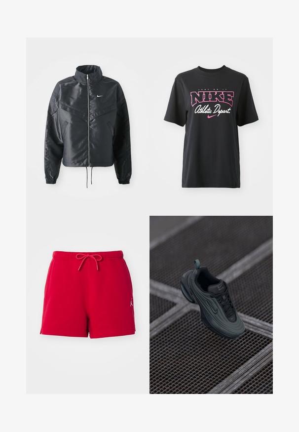 Casaco preto curto com colarinho alto, fecho de zip, punhos em elastano e um logótipo Nike branco. Tecido suave e brilhante com uma superfície ligeiramente texturizada.; T-shirt de algodão preto com impressão gráfica em rosa e branco com o texto "FAÇA ACONTECER", "NIKE" e "Departamento Atlético". Corte standard.; Calções de algodão vermelhos com um cós elástico e cordão. Apresenta um logótipo na parte inferior esquerda e rachas laterais para maior mobilidade.; Shoe Nike Air em verde escuro e preto flutuando acima de um chão em grade metálica, destacando os detalhes de design laterais e superiores.
