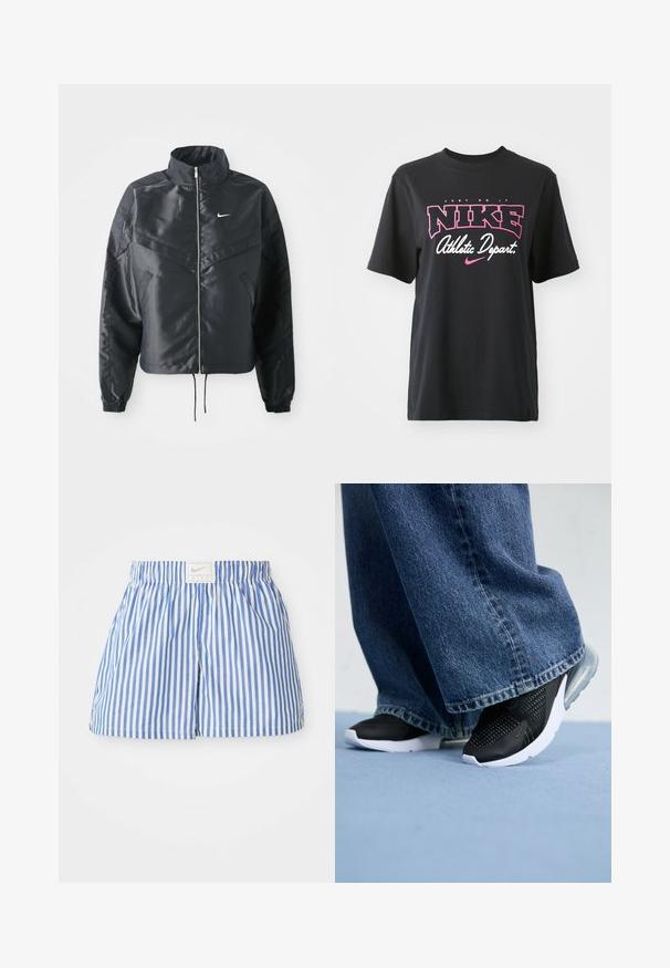 Črna skrajšana jakna z visokim ovratnikom, zadrgo, elastan rokavi in belim logotipom Nike. Gladek, sijoč material z rahlo teksturirano površino.; Črna bombažna majica s kratkimi rokavi, ki vključuje grafični potisk v roza in beli barvi ter besedilo "JUST DO IT," "NIKE," in "Athletic Depart." Standardna prileganje.; Modri in beli kratki hlače z elastiko v pasu ter oznako z logotipom Nike. Narejene so iz lahkega materiala z gladko teksturo.; Črne atletske čevlje z mrežasto podrobnostjo, belo podplat in vidno zračno blazinico, v kombinaciji z modrimi širokimi kavbojkami.