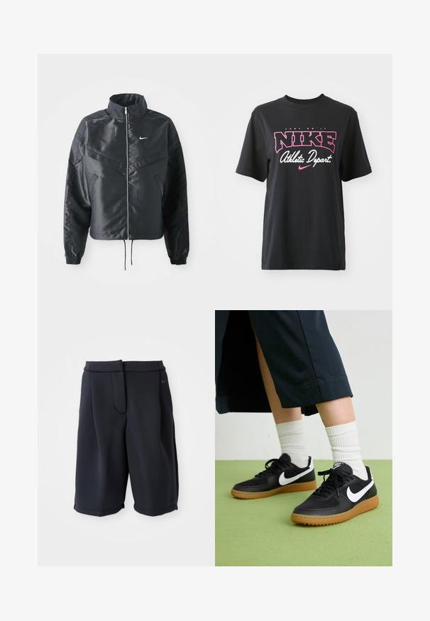 Juoda trumpa striukė su aukštu coloru, užtrauktuku, elastaniniu rankogaliu ir balta Nike logotipu. Lygus, blizgus audinys su šiek tiek tekstūruotu paviršiumi.; Juodas medvilninis marškinėliai su rožiniu ir baltu grafiniu spaudiniu, kuriame yra tekstas "JUST DO IT", "NIKE" ir "Sporto skyrius". Standartinis pjūvis.; Jūriniai sportiniai šortai, pagaminti iš glotnaus audinio, su juosmeniu, priekine klostė ir subtiliu logotipo elementu šone.; Juodos odinės ir sintetinių medžiagų sportbačiai su balta Nike swoosh, guminis padas, apvalus pirštas ir juodi raišteliai. Matomos banguotos baltos kojinės.