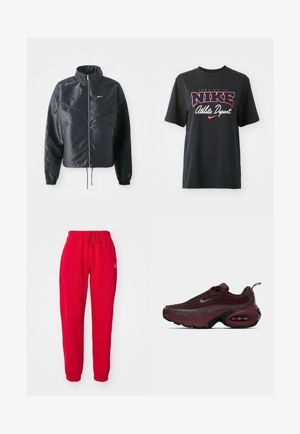 Casaco preto curto com colarinho alto, fecho de zip, punhos em elastano e um logótipo Nike branco. Tecido suave e brilhante com uma superfície ligeiramente texturizada.; T-shirt de algodão preto com impressão gráfica em rosa e branco com o texto "FAÇA ACONTECER", "NIKE" e "Departamento Atlético". Corte standard.; Calças de moletão vermelhas com uma cintura elástica e cordão. Possui bainhas com punhos e um pequeno logótipo na parte superior da perna esquerda. Textura suave.; Sapatilhas Nike de cor bordeaux com um topo texturizado, detalhes salpicados contrastantes e uma sola almofadada com unidades de ar visíveis.