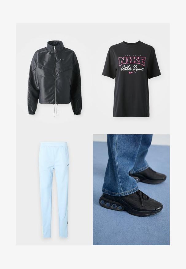 Black cropped jacket with high collar, zip closure, elastane cuffs, and a white Nike logo. Smooth, shiny fabric with a slightly textured surface.; Black cotton T-shirt featuring a graphic print in pink and white with the text "JUST DO IT," "NIKE," and "Athletic Depart." Standard fit.; Light blue athletic pants with a smooth texture, elastic waistband, and subtle pattern. Features a logo near the hip and color accents at the hem.; Black athletic sneakers with mesh upper, textured accents, and visible air cushioning pods in the sole. Worn with blue denim jeans.