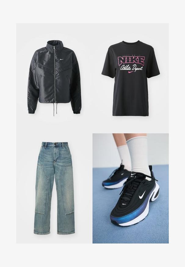 Melna apgriezta jaka ar augstu apkakli, rāvējslēdzēja aizdari, elastīna aprocēm un baltu Nike logo. Gluda, spīdīga auduma ar nedaudz teksturētu virsmu.; Melnas kokvilnas T-krekls ar rozā un baltu grafisko printu, kurā ir teksts "TIKAI DARĪT", "NIKE" un "Sporta nodaļa". Standarta piegriezums.; Gai zili džinsi ar brīvu piegriezumu, platām kājām un lielām kabatām priekšā. Sēdējoši apgabali un pogu aizdare.; Melnie Nike sporta apavi ar gludu auduma virsmu, argradienta zilu uz melnu dizainu, balta zole un izteiksmīgi logotipa akcenti.