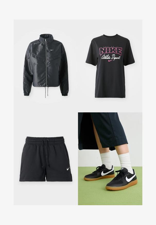 Giacca nera cropped con colletto alto, chiusura a zip, polsini in elastan e logo Nike bianco. Tessuto liscio e lucido con una superficie leggermente texturizzata.; T-shirt in cotone nero con stampa grafica in rosa e bianco con il testo "JUST DO IT", "NIKE" e "Athletic Depart." Vestibilità standard.; Pantaloncini sportivi Nike neri con vita elastica, coulisse, tasche laterali e logo swoosh bianco sulla gamba sinistra.; Sneaker in pelle nera e sintetica con logo Nike bianco, suola in gomma, punta rotonda e lacci neri. Calze bianche a righe visibili.
