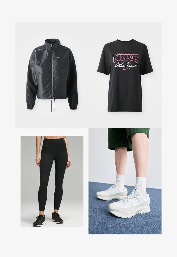 Giacca nera cropped con colletto alto, chiusura a zip, polsini in elastan e logo Nike bianco. Tessuto liscio e lucido con una superficie leggermente texturizzata.; T-shirt in cotone nero con stampa grafica in rosa e bianco con il testo "JUST DO IT", "NIKE" e "Athletic Depart." Vestibilità standard.; Leggings nere a coste con una vita alta e design aderente, abbinate a scarpe da ginnastica nere con suola bianca.; Scarpe da ginnastica bianche con sovrapposizioni testurizzate, suola spessa e accenti grigi. Indossate con calze corte bianche e pantaloni corti verdi su una superficie blu.