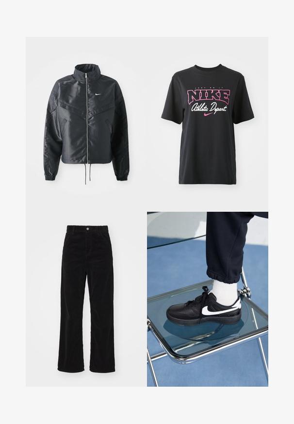 Black cropped jacket with high collar, zip closure, elastane cuffs, and a white Nike logo. Smooth, shiny fabric with a slightly textured surface.; Black cotton T-shirt featuring a graphic print in pink and white with the text "JUST DO IT," "NIKE," and "Athletic Depart." Standard fit.; Black corduroy wide-leg pants with a high waist, featuring a front button and zipper closure, and vertical ribbed texture throughout.; Black Nike sneakers with white accents, featuring a smooth leather texture, lace-up design, and rounded toe, positioned on a glass chair.