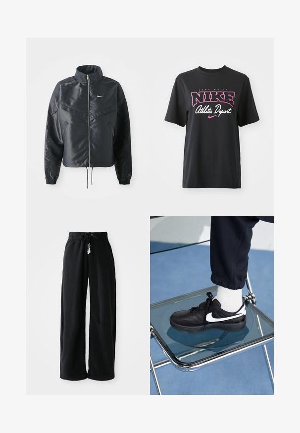 Czarna krótka kurtka z wysokim kołnierzem, zamek błyskawiczny, ściągacze z elastanu i białe logo Nike. Gładki, błyszczący materiał o lekko teksturowanej powierzchni.; Czarna bawełniana koszulka z grafiką w różowym i białym kolorze z napisem "JUST DO IT", "NIKE" oraz "Athletic Depart". Standardowy krój.; Czarne dresowe spodnie wykonane z miękkiego materiału, z talią na sznurek i luźnym krojem. Bez wzorów. Prosty design z ściągaczami na końcach nogawek i bocznymi kieszeniami.; Czarne sneakersy Nike z białymi akcentami, charakteryzujące się gładką skórzaną teksturą, zawiązywaną konstrukcją i zaokrąglonym noskiem, umieszczone na szklanym krześle.