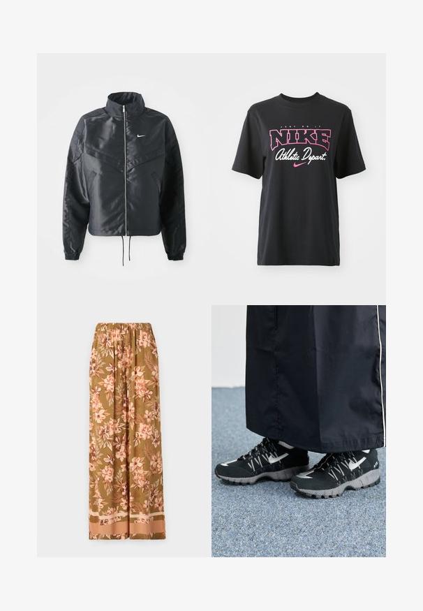 Fekete, rövidített dzseki magas gallérral, cipzáras záródással, elasztikus mandzsettákkal, és fehér Nike logóval. Simább, fényes anyag, enyhén textúrázott felülettel.; Fekete pamut póló, rózsaszín és fehér grafikai nyomattal, rajta a "JUST DO IT", "NIKE" és "Athletic Depart" feliratokkal. Szabványos fazon.; Olívazöld, virágmintás, széles lábú nadrág rózsaszín és krém színű virágmintákkal. Rugalmas derékpánttal és kontrasztos szegéllyel rendelkezik.; Fekete sportcipők, textúrált felsőrésszel, ezüst kiegészítőkkel és mintás talppal, fekete hosszú ruhadarabbal párosítva. Kék szőnyegen.