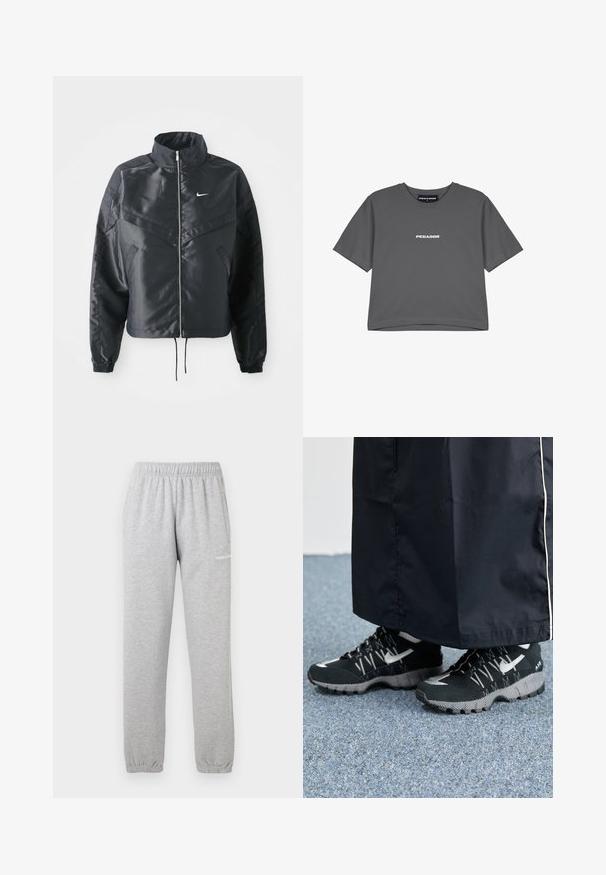 Czarna krótka kurtka z wysokim kołnierzem, zamek błyskawiczny, ściągacze z elastanu i białe logo Nike. Gładki, błyszczący materiał o lekko teksturowanej powierzchni.; Szara bawełniana koszulka z krótkim rękawem i okrągłym dekoltem. Na piersi znajduje się białe logo "PEGADOR". Prosty, luźny krój.; Szare dresy wykonane z miękkiego materiału, z elastycznym paskiem w talii, ściągaczami przy kostkach oraz boczną kieszenią. Logo nadrukowane na lewej udzie.; Czarne buty sportowe z teksturowaną cholewką, srebrnymi akcentami i wzorzystą podeszwą, w połączeniu z czarną długą odzieżą. Na tle niebieskiego dywanu.