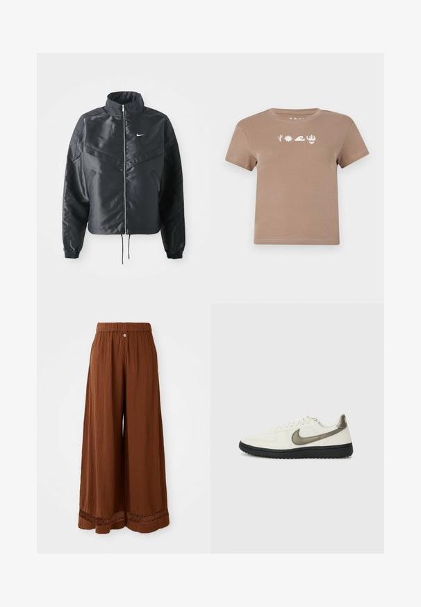 Must kolledžiga must lühike jope, millel on lukuga sulgus, elastne mansett ja valge Nike logo. Sile, läikiv kangas, millel on veidi tekstureeritud pind.; Pruunist puuvillast t-särk, millel on ümmargune kaelus. Omab valgeid graafilisi elemente: kaktus, päike, laine, käsi ja süda. Lühikesed varrukad.; Laiad pruunid püksid, mis on valmistatud tekstureeritud kangast, koos kokkukogutud vöökohtade ja pitsdetailidega allääres.; Nike Sportswear FIELD GENERAL - Tossud - off-white/black