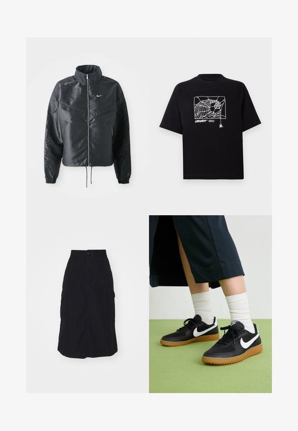 Jachetă croppată neagră cu guler înalt, închidere cu fermoar, manșete din elastan și un logo alb Nike. Material neted, lucios, cu o suprafață ușor texturată.; Tricou negru din bumbac, cu mâneci scurte. Dispune de un grafic alb cu o pânză de păianjen și un logo pe față. Guler simplu, rotund.; Fustă midi neagră cu talie elastică, închidere cu buton în față și două buzunare laterale de tip cargo. Material neted cu croială dreaptă.; Sneakers negre din piele și material sintetic cu logo-ul alb Nike, talpă din cauciuc, vârful rotund și șireturi negre. Șosete albe cu nervuri vizibile.