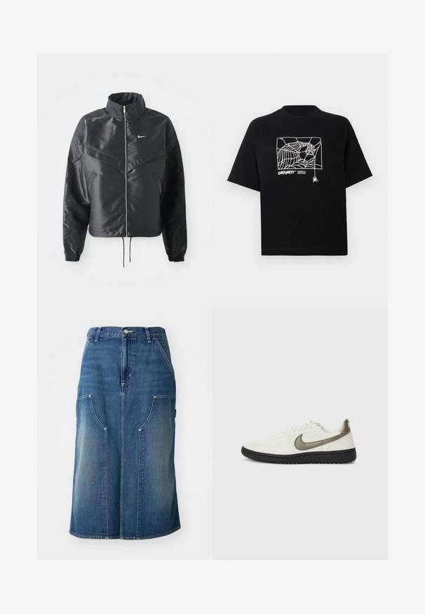 Fekete, rövidített dzseki magas gallérral, cipzáras záródással, elasztikus mandzsettákkal, és fehér Nike logóval. Simább, fényes anyag, enyhén textúrázott felülettel.; Fekete pamut póló rövid ujjakkal. Elülső részén fehér pókhálós grafika és logó található. Egyszerű, kerek nyakú.; Kék farmer szoknya egyenes szabással, elől zsebekkel és gombos derékrésszel, kifakult textúrával és varrási részletekkel.; Nike Sportswear FIELD GENERAL - Sportcipő - off-white/black