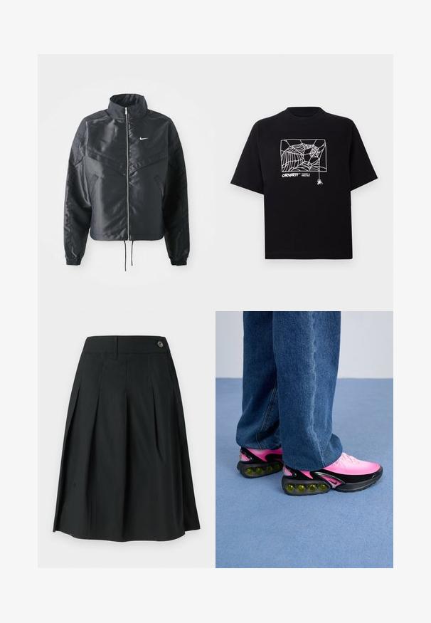 Jachetă croppată neagră cu guler înalt, închidere cu fermoar, manșete din elastan și un logo alb Nike. Material neted, lucios, cu o suprafață ușor texturată.; Tricou negru din bumbac, cu mâneci scurte. Dispune de un grafic alb cu o pânză de păianjen și un logo pe față. Guler simplu, rotund.; Fustă plisată neagră dintr-un material ușor, dotată cu închidere prin buton, cu o textură netedă și o formă în A.; Pantofi sport cu un upper roz în degradé, accente negre și o talpă groasă ce prezintă bule de amortizare verzi vizibile. Purtați cu pantaloni din denim albastru.
