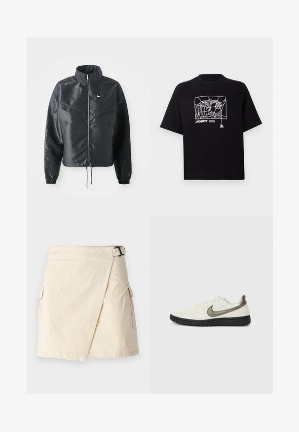 Giacca nera cropped con colletto alto, chiusura a zip, polsini in elastan e logo Nike bianco. Tessuto liscio e lucido con una superficie leggermente texturizzata.; Maglietta nera in cotone con maniche corte. Presenta una grafica e un logo a ragnatela bianca sul davanti. Scollo rotondo semplice.; Gonna avvolgente beige realizzata in tessuto leggero, con una fibbia laterale, due tasche cargo e un orlo pulito.; Nike Sportswear FIELD GENERAL - Sneakers basse - off-white/black