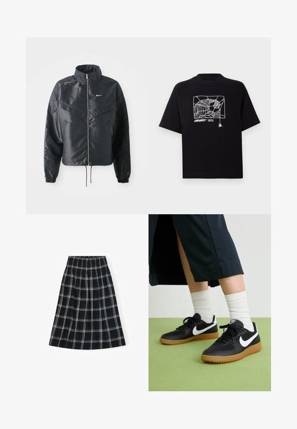 Čierna skrátená bunda s vysokým golierom, zipsovým uzatváraním, elastickými manžetami a bielym logom Nike. Hladká, lesklá tkanina s mierne textúrovaným povrchom.; Čierne tričko z bavlny s krátkymi rukávmi. Na prednej strane má biely grafický motív pavučiny a logo. Jednoduchý zaoblený výstrih.; Čierno-biely kockovaný sukňa s elastickým pásom, dĺžky po kolená, s rozšíreným strihom a jemnou textúrou látky.; Čierne kožené a syntetické tenisky so bielym logom Nike, gumenou podrážkou, okrúhlou špičkou a čiernymi šnúrkami. Viditeľné biele pruhované ponožky.