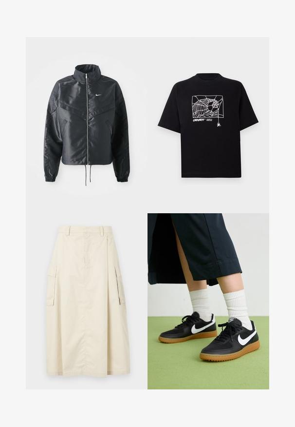 Mustat lyhyet takit, joissa on korkea kaulus, vetoketjukiinnitys, elastaanista valmistetut hihan suut ja valkoinen Nike-logo. Sileä, kiiltävä kangas, jossa on hieman tekstuuria.; Mustapaita, joka on valmistettu puuvillasta ja jossa on lyhyet hihat. Edessä on valkoinen hämähäkinseittigrafiikka ja logo. Yksinkertainen, pyöreä kaula-aukko.; Beige, polvena pituudeltaan oleva hame, joka on valmistettu puuvillasta. Siinä on kaksi sivutaskua ja edessä poikkitaitos, vyötärö ja piilotettu vetoketjukangas.; Mustat nahka- ja synteettiset urheilukengät, joissa on valkoinen Nike-merkki, kuminen pohja, pyöreä kärki ja mustat nauhat. Raitapintaiset valkoiset sukat näkyvissä.